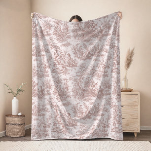Vintage floral retro pink grey toile de jouy fleece blanket