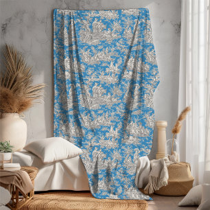 Vintage floral retro turquoise toile de jouy fleece blanket