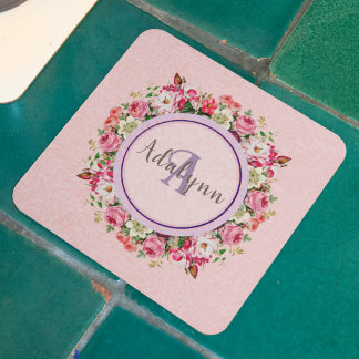 Vintage Floral Ring Custom Monogram Text Pink Glass Coaster