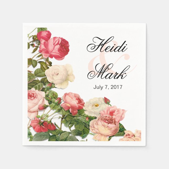 Vintage Floral Romance Pink Roses | white Napkin (Front)