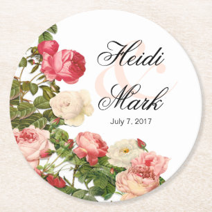 Vintage Floral Romance Pink Roses white Round Paper Coaster