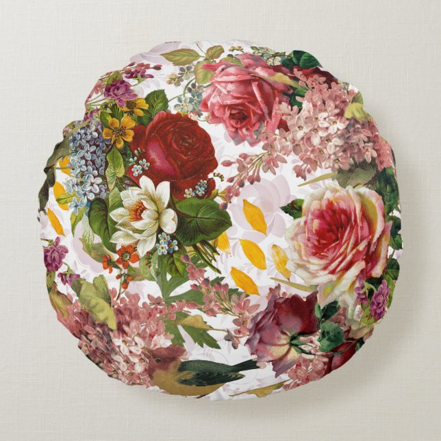 Vintage Floral Rose Collage Round Pillow (Front)