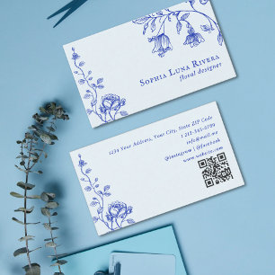 Vintage Floral Rose Doodle Dusty Blue QR Code Business Card