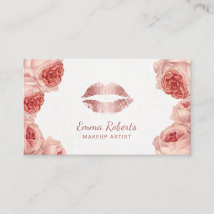 Vintage Floral Rose Gold Lips Makeup Artist Business Card