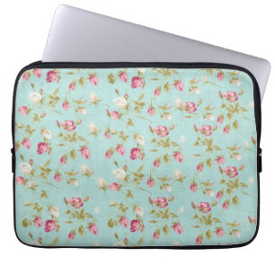 Vintage floral roses blue shabby chic rose flowers laptop sleeve