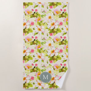Vintage Floral Roses Peonies Monogram Beach Towel