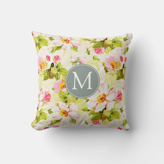 Vintage Floral Roses Peonies Monogram Sq Pillow (Front)