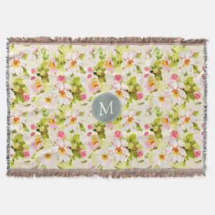 Vintage Floral Roses Peonies Monogram Throw B Blanket