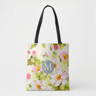 Vintage Floral Roses Peonies Monogram Tote Bag