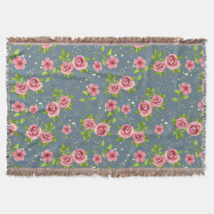 Vintage Floral Roses Pink Green Pattern Throw Blanket