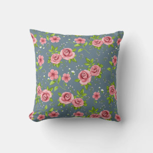 Vintage Floral Roses Pink Green Pattern Throw Pillow