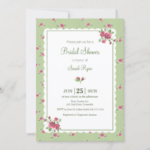 Vintage Floral Roses Pink Green Striped Custom Inv Invitation