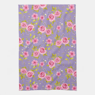 Vintage Floral Roses Pink Purple Pattern Kitchen Towel