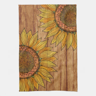   Vintage Floral Rustic Elegant Wood Art Sunflower Kitchen Towel