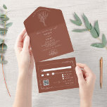 Vintage Floral Rustic Terracotta Wedding QR Code All In One Invitation<br><div class="desc">Terracotta colour illustration of vintage style oil lantern with line art botanical border.  Background is off terracotta.  Includes rsvp.  Outside background is off white with terracotta text and illustrations.</div>