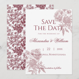 Vintage Floral Save the Date – Burgundy Toile
