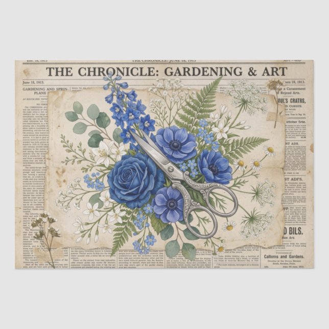 Vintage Floral & Scissors Collage Tissue Paper (Front)