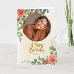 Vintage  Floral Script Circle Photo Birthday Card