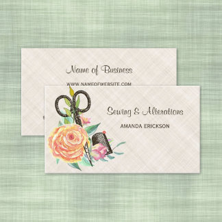 Vintage Floral Seamstress Scissors and Thimble Business Card