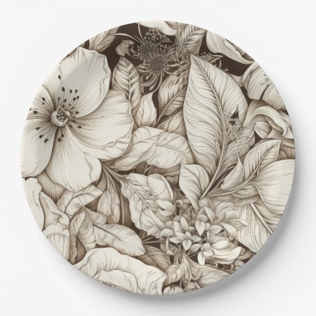 Vintage Floral Sepia Pattern (10) Paper Plate (Front)