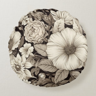 Vintage Floral Sepia Pattern (12) Round Pillow