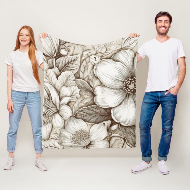 Vintage Floral Sepia Pattern (15) Fleece Blanket (In Situ)