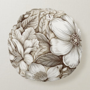 Vintage Floral Sepia Pattern (15) Round Pillow