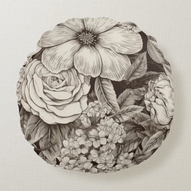 Vintage Floral Sepia Pattern (1) Round Pillow (Front)