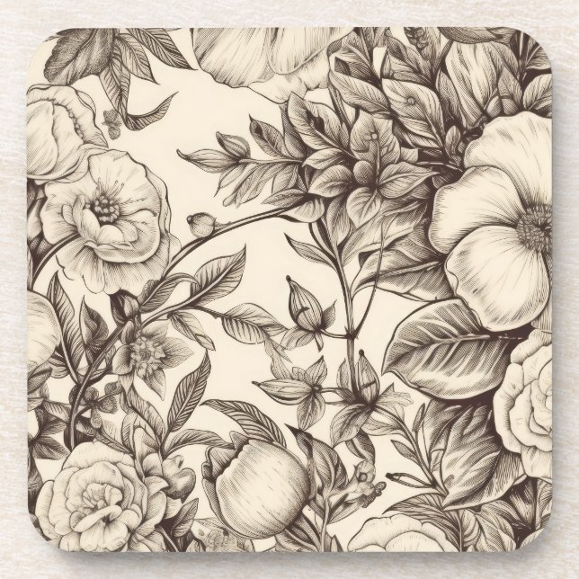 Vintage Floral Sepia Pattern (2) Coaster (Front)