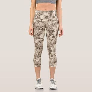 Vintage Floral Sepia Pattern (3) Capri Leggings