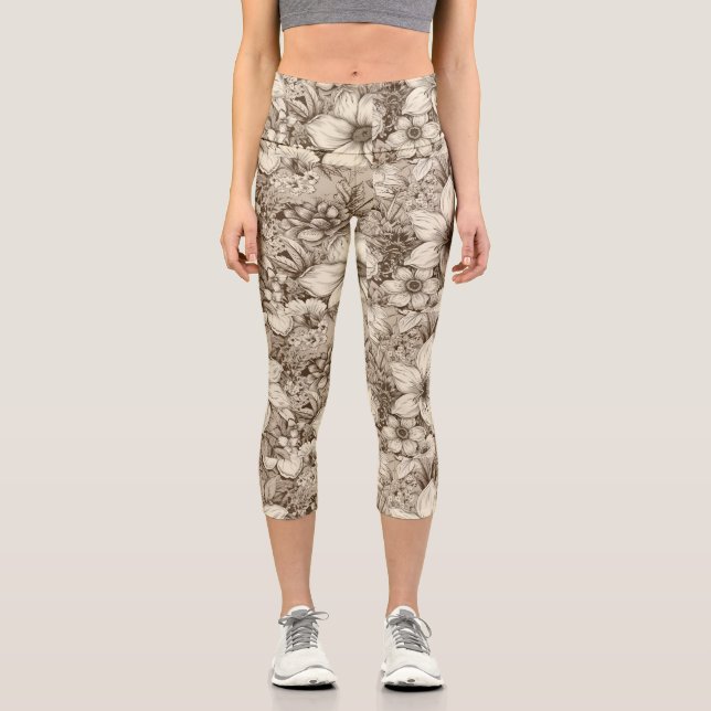 Vintage Floral Sepia Pattern (3) Capri Leggings (Front)
