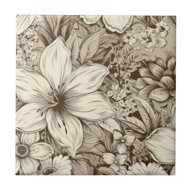Vintage Floral Sepia Pattern (3) Tile (Front)
