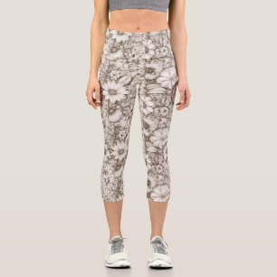 Vintage Floral Sepia Pattern (5) Capri Leggings