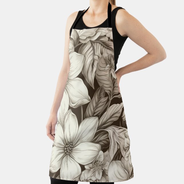Vintage Floral Sepia Pattern (6) Apron (Insitu)