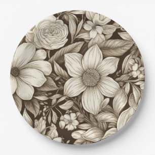 Vintage Floral Sepia Pattern (8) Paper Plate