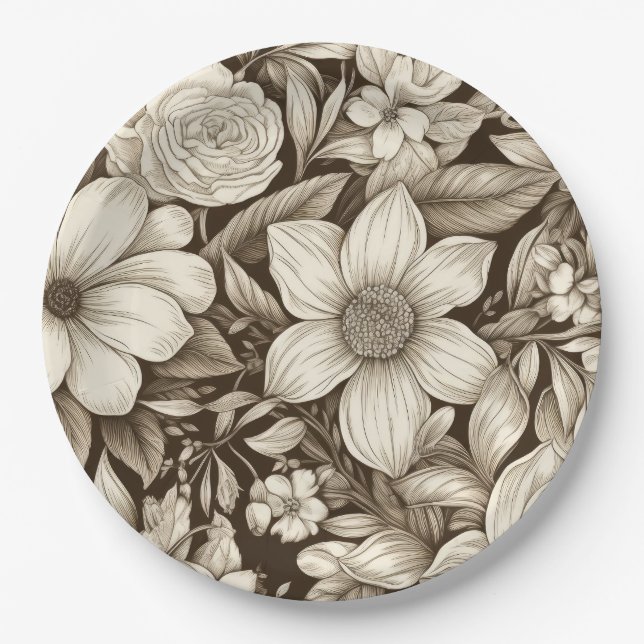 Vintage Floral Sepia Pattern (8) Paper Plate (Front)