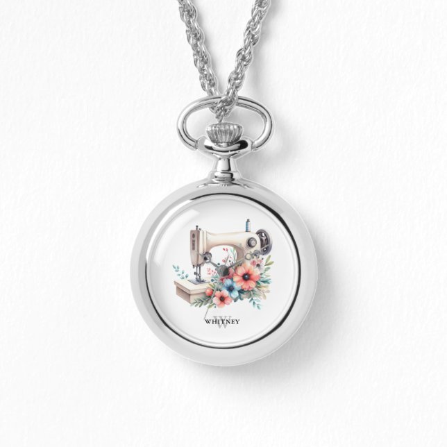 Vintage Floral Sewing Machine Monogrammed Custom  Watch (Front)