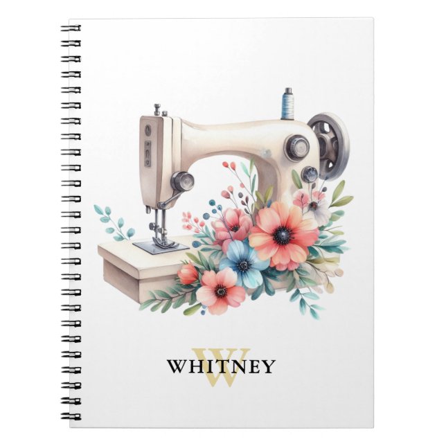 Vintage Floral Sewing Machine Monogrammed Notebook (Front)