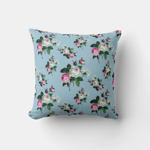 Vintage Floral Shabby Chic, Pink White Roses, Blue Throw Pillow