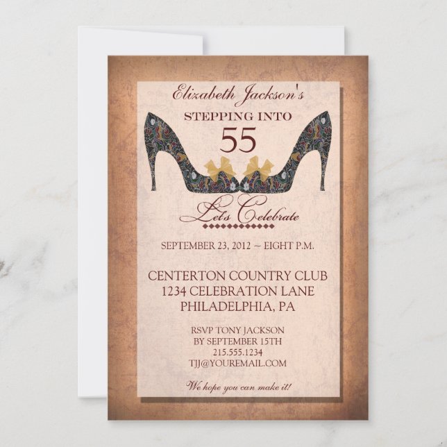 Vintage Floral Shoe 55th Birthday Party Invitation (Front)