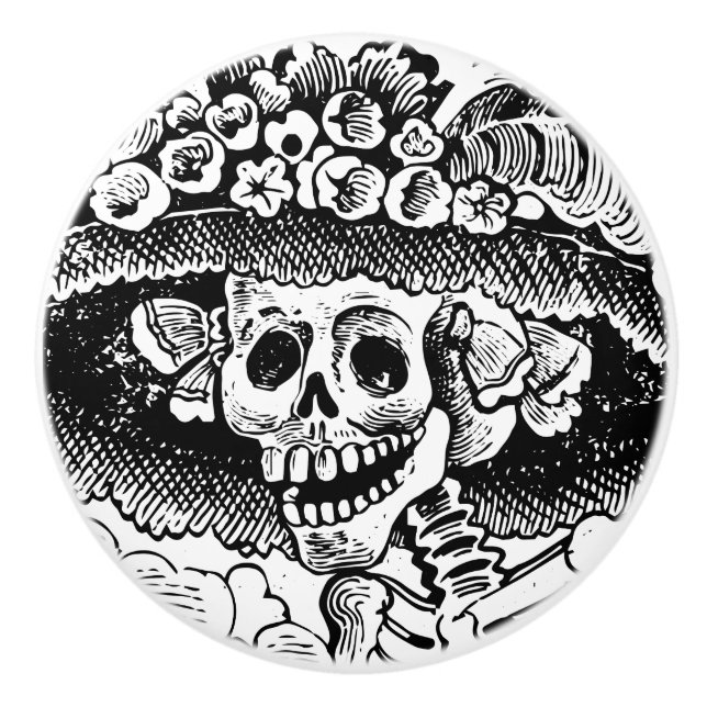 Vintage Floral Skull Halloween Ceramic Knob (Front)