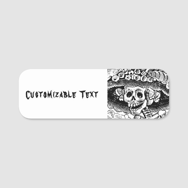 Vintage Floral Skull Halloween Name Tag (Front)
