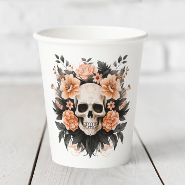 Vintage Floral Skull Paper Cups (Add a little elegance to your Halloween party with these spooky skull paper cups.)