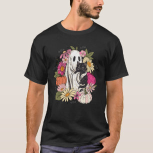 Vintage Floral Spooky Ghost Holding Cat Black Goth T-Shirt