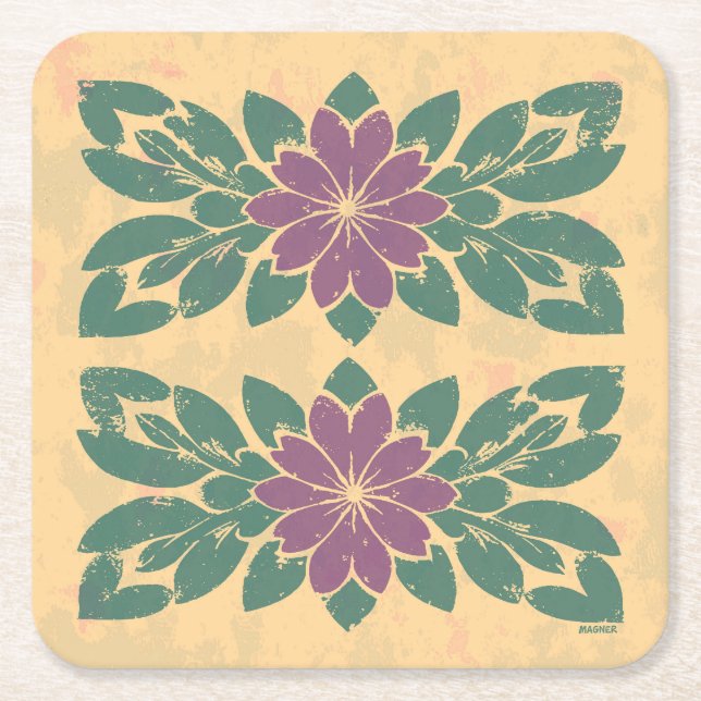 Vintage Floral Stencil Design Square Paper Coaster (Front)