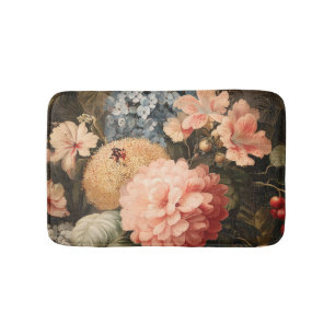 Vintage Floral Still Life with Red and White Bloom Bath Mat