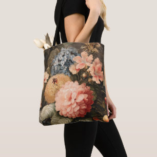 Vintage Floral Still Life with Red and White Bloom Tote Bag