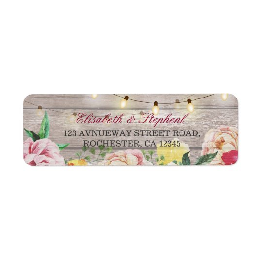 Vintage Floral String Lights Rustic Wood Wedding Return Address Label