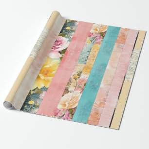 Vintage Floral Stripe Collage in Pastels Wrapping Paper
