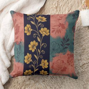 Vintage Floral Stripe with Golden Botanical Accent Throw Pillow